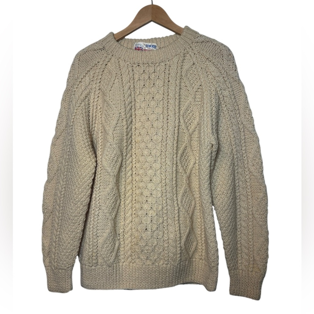 AngloYarns Hand knit Vintage Aran Pullover Sweater Wool Fisherman Ivory Knit L
